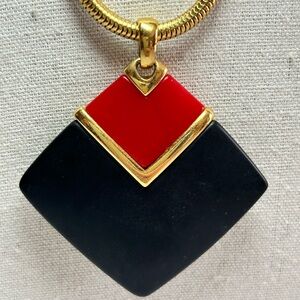 Vintage Trifari Statement Gold Red Black Pendant Necklace Gold Tone Snake Chain
